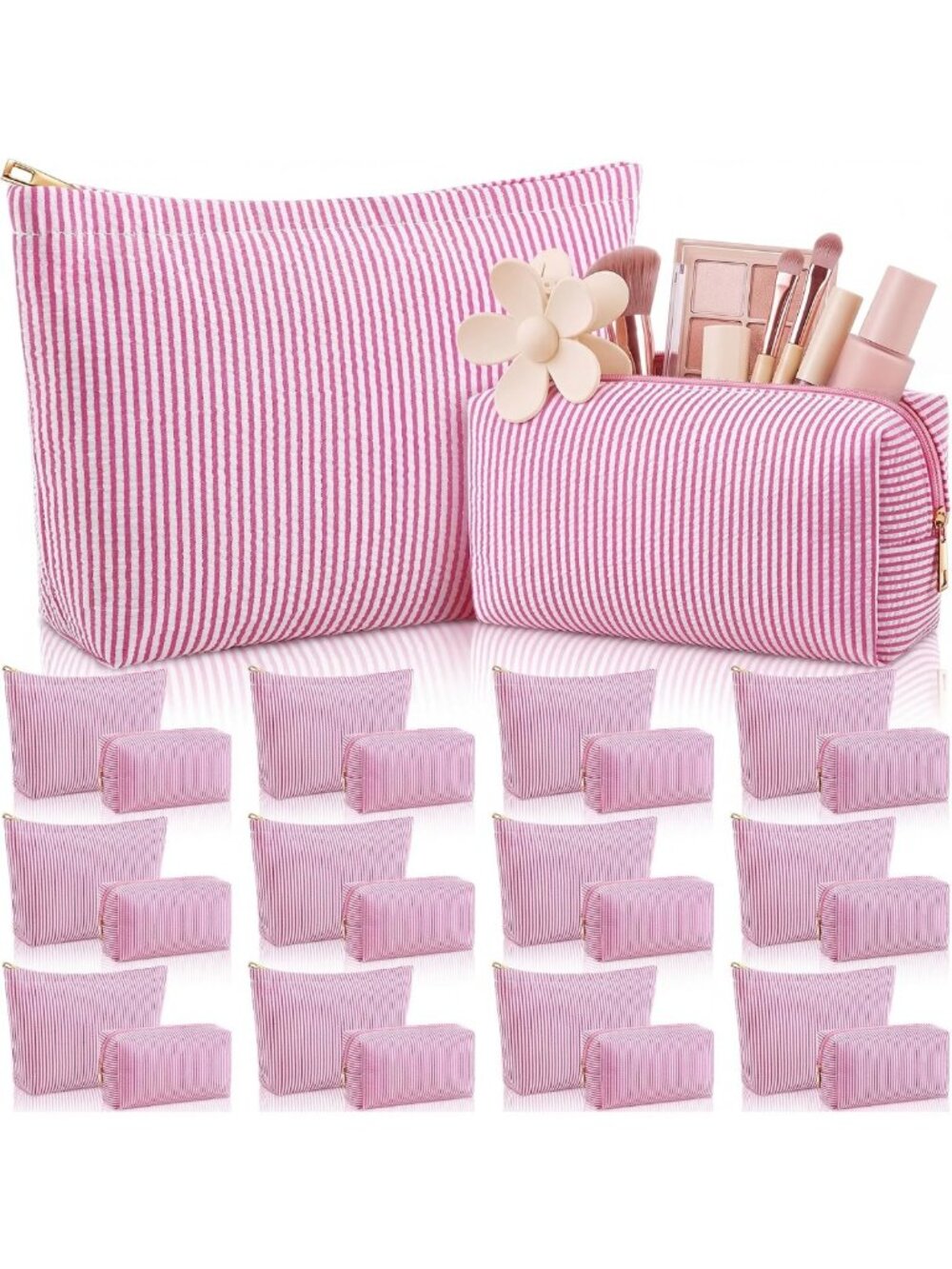 24 Pcs Seersucker Makeup Bags Set - Striped Rose Pink Cosmetic Organizers
